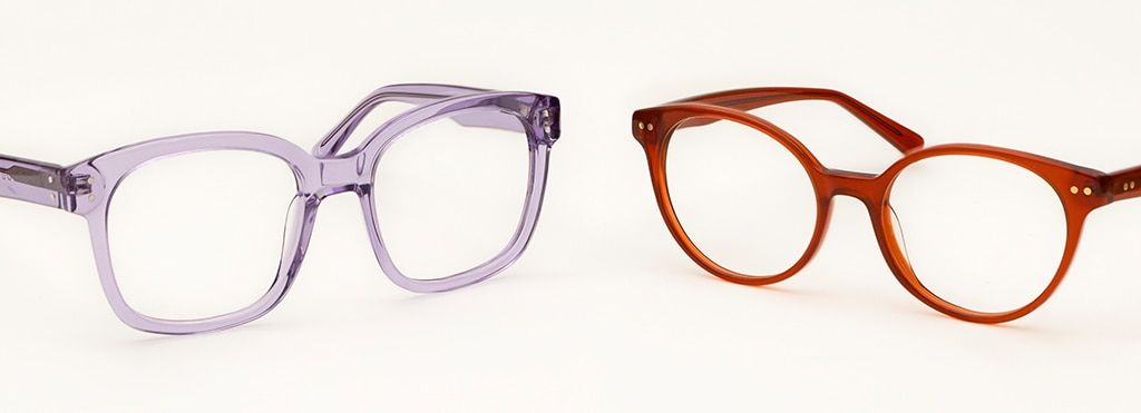 One light purple square frame coming from the left side and one light brown round frame coming from the right side