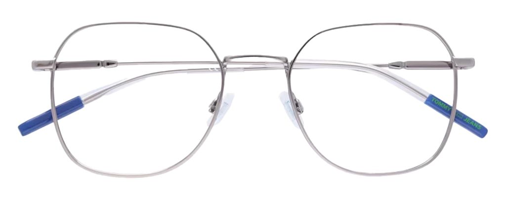 A sporty silver metal frame with blue and transparent acetate tips and rubber nose pads. It has a modern shape which is angular at the top and rounded at the bottom. The frame is folded up.