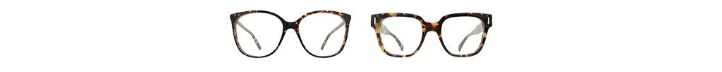 Two tortoiseshell eyeglass frames displayed side by side against a light background. The frame on the left features a classic Havana finish with a soft cat-eye inspired shape and slim profile, creating an elegant, understated look. The frame on the right 