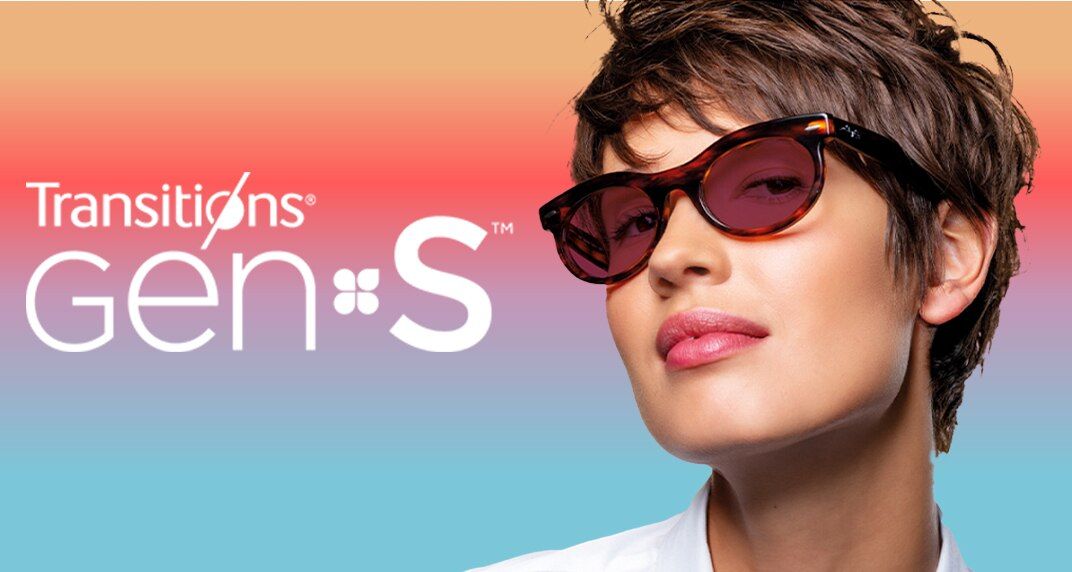 The Transitions® GEN S™ logo in white on a gradient yellow, pink and blue background. Beside which is a headshot of a young lady with short brown hair and a white shirt. She is tilting her head up slightly and is wearing tortoiseshell Ray-Ban® frames with