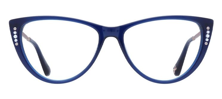 A dark blue cat-eye frame made of acetate, with pearl detailing near the corners