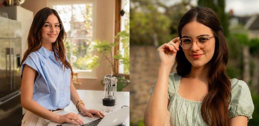 Woman with long brown hair in two settings, working on a laptop indoors wearing large gold metal-rimmed glasses and a blue shirt, and relaxing outdoors in a green gingham dress with transparent pink plastic frames, showing how eyewear can suit both profes