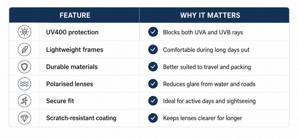 Table titled Feature and Why It Matters outlining key qualities of travel sunglasses. The table uses icons alongside each feature and checkmark symbols to highlight benefits. Features include UV400 protection, which blocks both UVA and UVB rays; lightweig