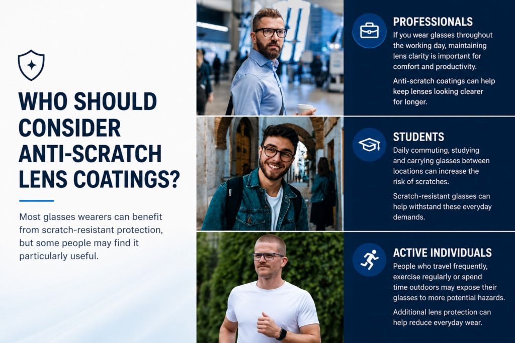 Infographic titled “Who Should Consider Anti-Scratch Lens Coatings?” featuring three groups of glasses wearers who may benefit from scratch-resistant lenses. On the left, a shield icon appears above introductory text explaining that most glasses wearers c