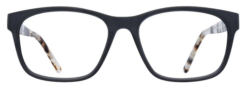 Front view of Aero glasses in black with tortoiseshell-pattern temples, featuring a classic rectangular acetate frame ideal for everyday and workwear styling.