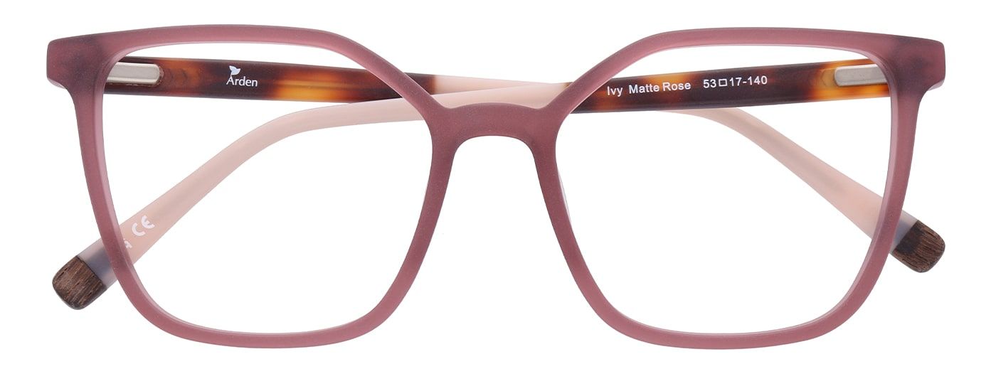 A large rose-coloured square frame made of bio-based acetate. It has tortoiseshell temples and is in a folded position.