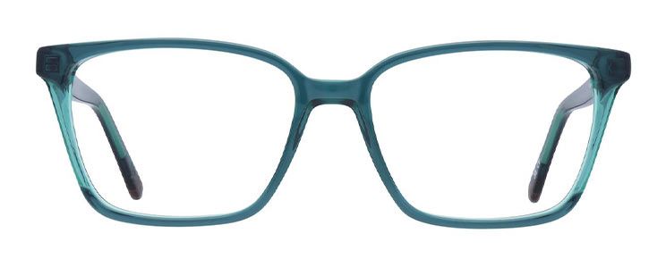 Rectangle glasses made of aqua-coloured bio-acetate. The frames have sharp, peaked corners.