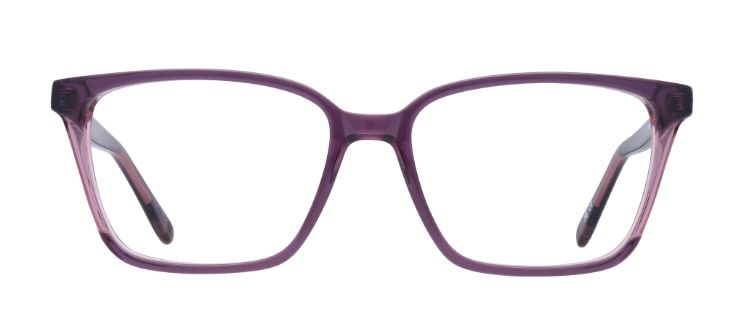 An eco-friendly rectangular frame made of bio-based acetate. It has peaked corners, wooden tips and is a bright mauve colour.