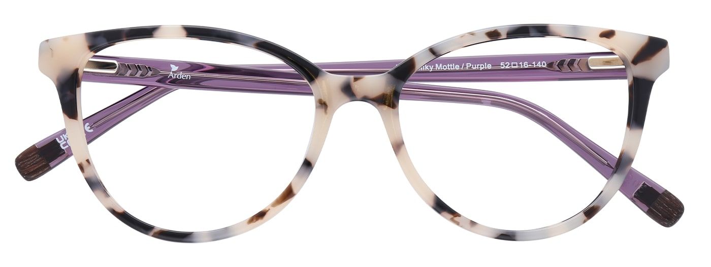A milky mottle cat-eye frame made of bio-based acetate. It has purple temples and is in a folded position.