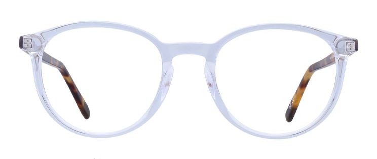 A round glasses frame made of transparent acetate with tortoiseshell arms