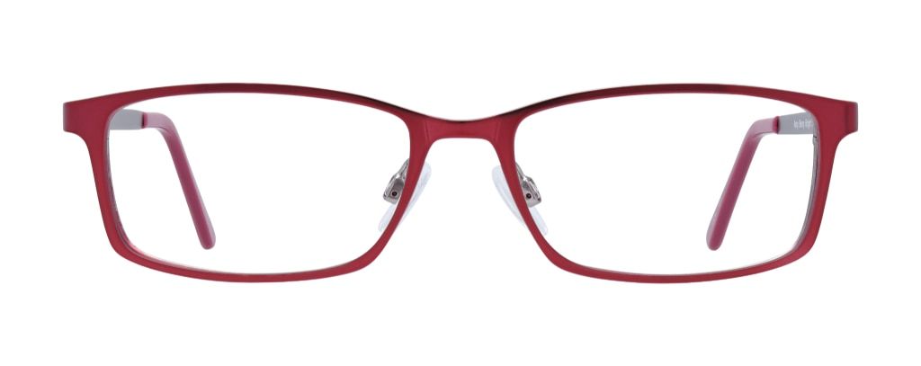 A small rectangular frame made of shiny pink metal with rubber nose pads and pink temple tips.