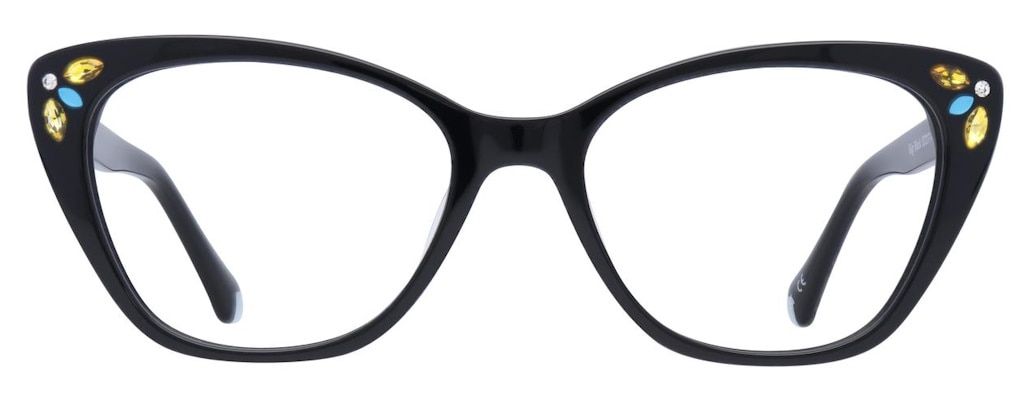 Black acetate cat-eye glasses with gem detailing on the corners