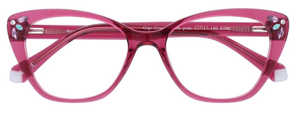 Cat-eye frames made of semi-transparent, dark pink acetate with gem details at the corners