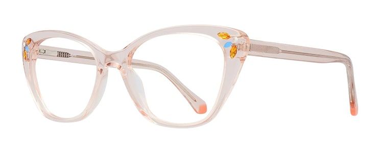A nude-coloured, transparent cat-eye frame with colourful gem detailing at the top corners