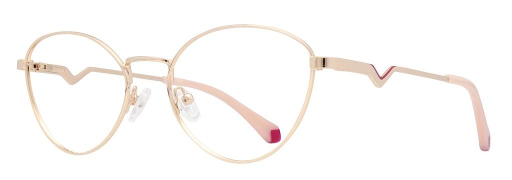Golden metal glasses with oval lenses approaching a cat-eye shape and with an intentional kink in the arms