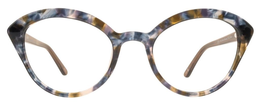 Cat-eye glasses made from blue and brown havana acetate. The lenses are slightly rounded and the front of the frame is slightly thicker at the top than at the bottom
