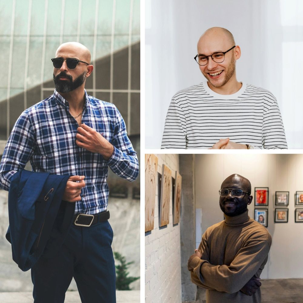 Collage of three stylish bald men of different skin tones wearing glasses. In the larger image, a man wears black Clubmaster sunglasses with a blue-and-white checked shirt, blue trousers, and a jacket draped over one arm in a bright urban setting. The top