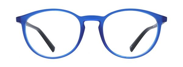 Bright blue phantos-style plastic frames featuring a keyhole bridge and black temples.