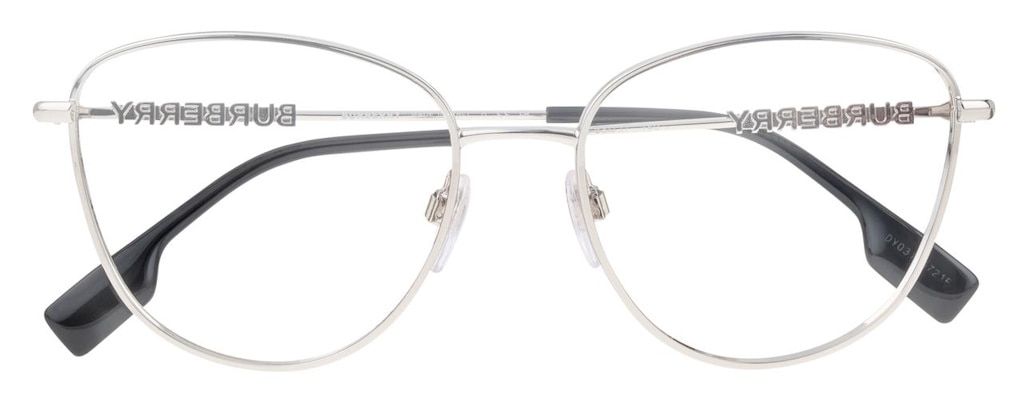 Silver metal glasses with a rounded cat-eye shape and large letters spelling Burberry on the arms