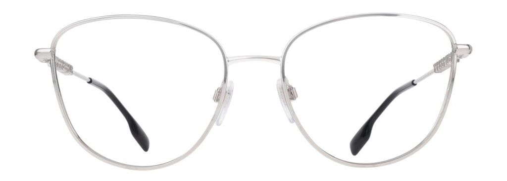 A pair of phantos-shaped grey metal Burberry glasses.