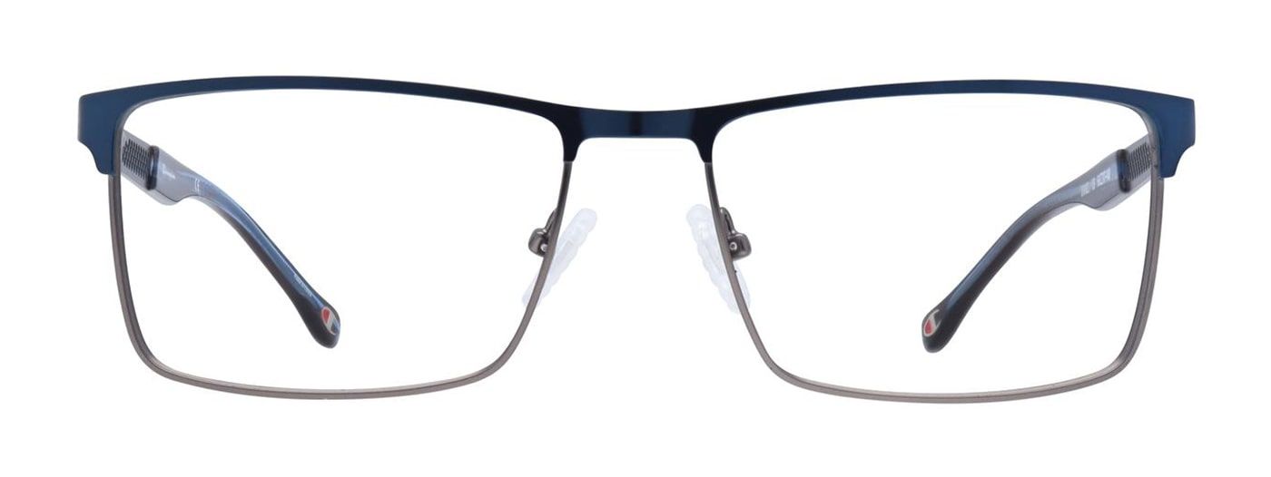Front view of blue metal, rectangular Champion glasses