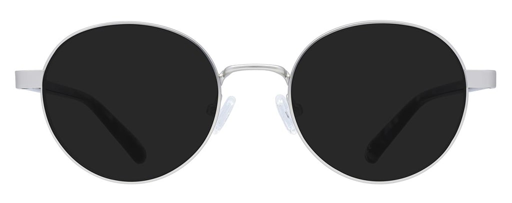 A classic pair of round silver-metal sunglasses with acetate temples in a blue, black and grey tortoiseshell colour.
