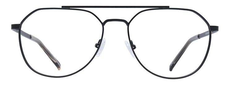Front view of The Collection Colby large aviator black metal glasses with an angular full-rim frame, a straight brow bar, clear lenses, adjustable nose pads and slim temples, displayed on a white background.