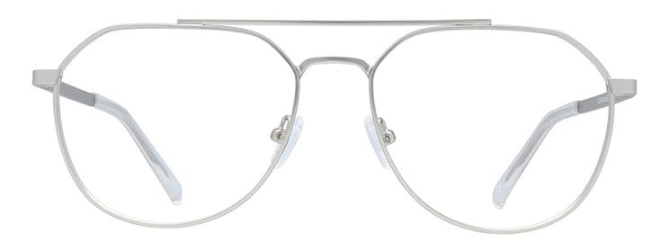 A pair of silver metal aviator sunglasses with clear nose pads and temple tips.