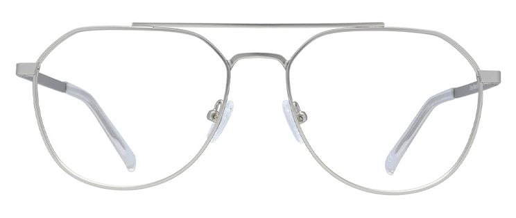 A pair of silver metal aviator frames with a double bridge design and transparent plastic tips and nose pads.