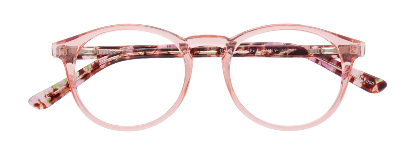 A pair of small, transparent pink phantos glasses, made of acetate with patterned temples. The glasses are folded up.