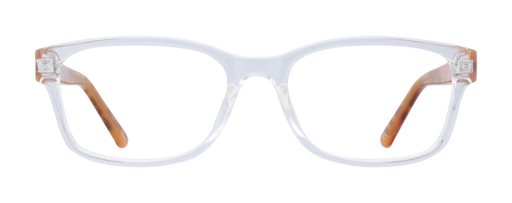 An extra-small rectangular frame made of transparent acetate at the front with bold orange and black spotted temples.