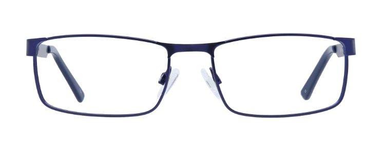 A small rectangular frame made of shiny blue metal with rubber nose pads.