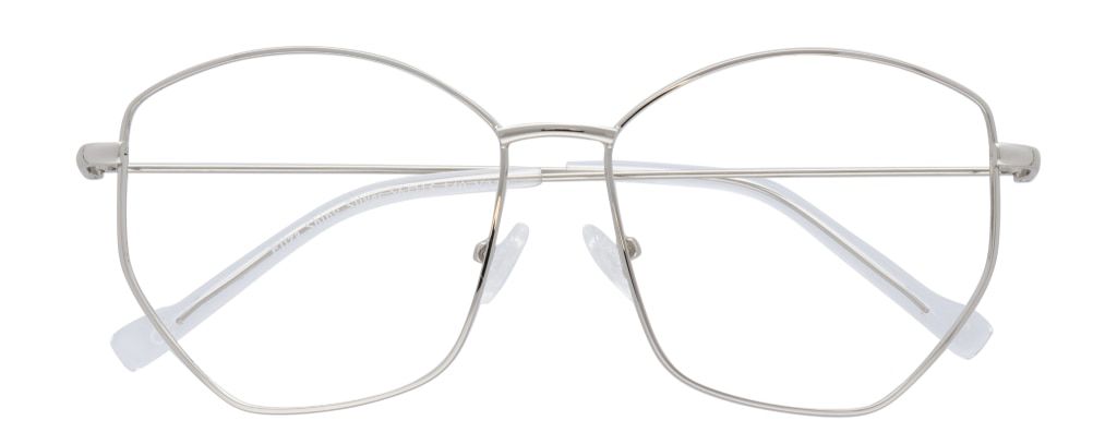 A large silver metal frame with a hexagonal shape. It has clear acetate tips and rubber nose pads. The frame is folded up.