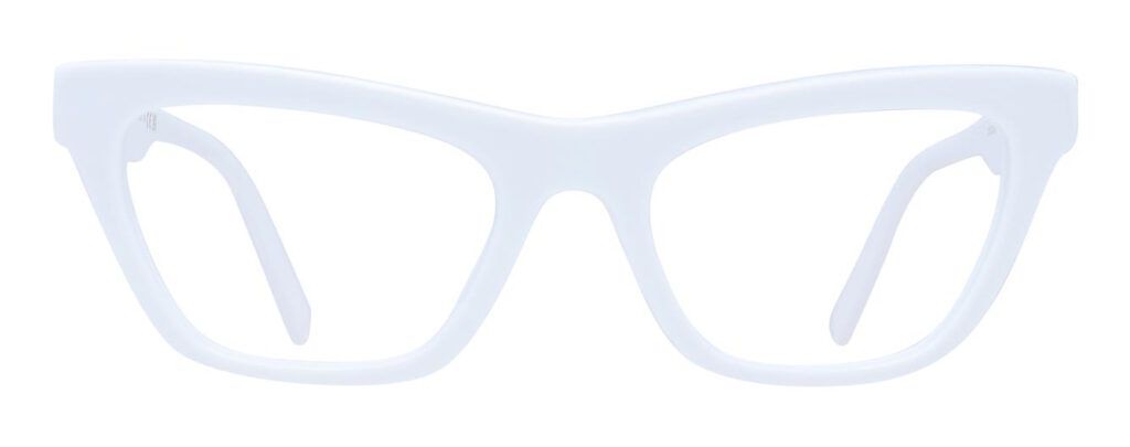A chunky, white cat-eye frame