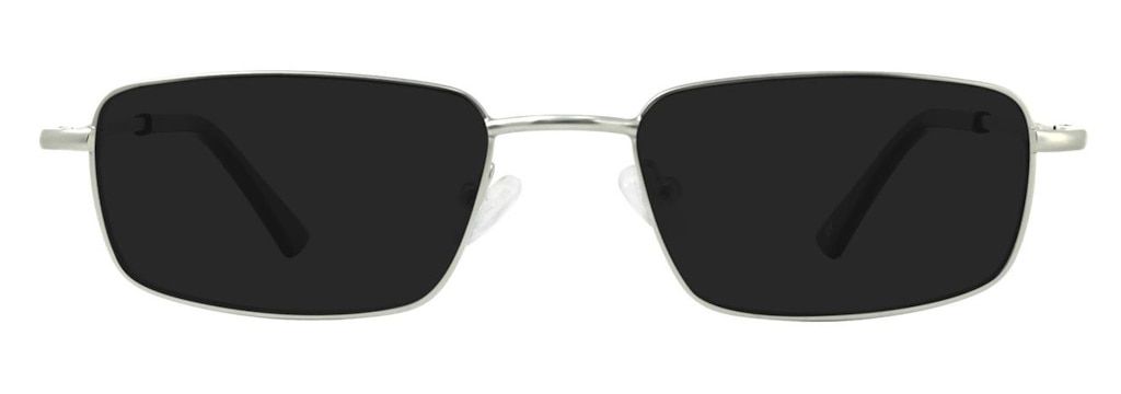 Narrow rectangular sunglasses with a silver metal frame and clear adjustable nose pads.