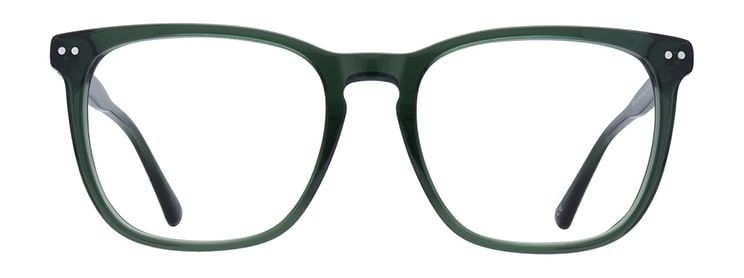 A pair of large square glasses, made of transparent green acetate with metal pin detailing and a keyhole bridge.