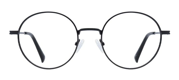 A pair of round, black metal frames with transparent rubber nose pads, similar to the classic Harry Potter style.