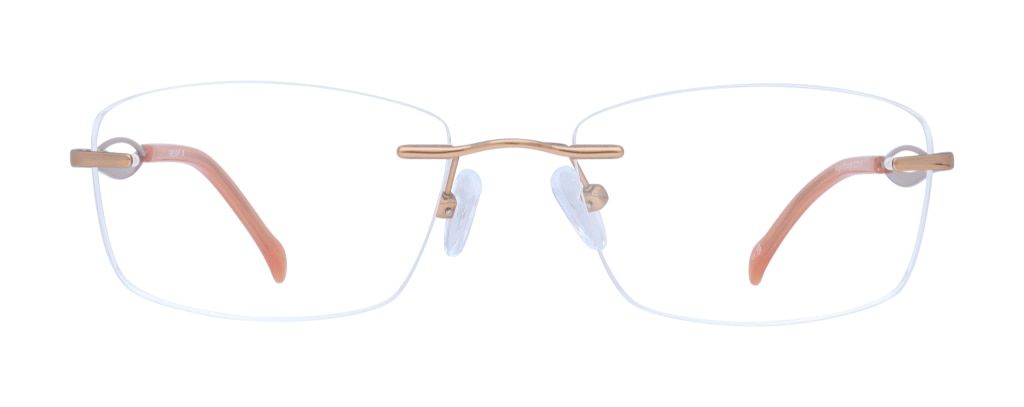 An extra-small rimless frame with a classic rectangular shape. The bronze-coloured titanium temples feature a unique curved split design.