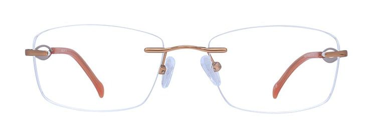 Rimless Finelight frames with clear adjustable rubber nose pads, a bronze metal bridge, and decorative metal temples.