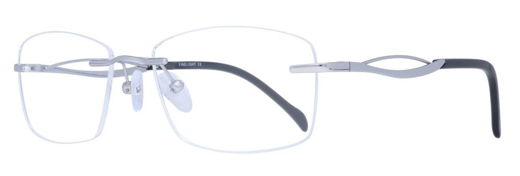 Rimless glasses with lenses that are somewhere between oval and rectangular, with curved details on the silver arms
