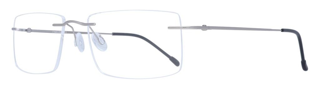 Rimless glasses with rectangular lenses and straight, dark grey metal arms