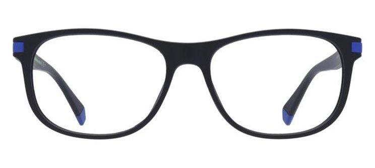 An oval black acetate frame with blue details on the arms