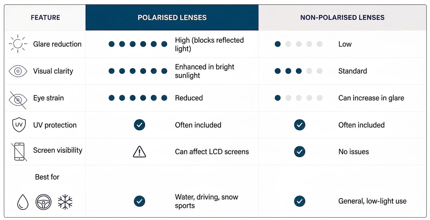 Comparison chart of polarised versus non-polarised lenses. The table shows that polarised lenses provide higher glare reduction, better visual clarity in bright sunlight, and reduced eye strain, while both lens types often include UV protection. It notes