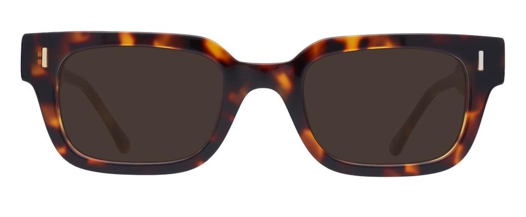 Sunglasses with a tortoiseshell acetate frame and narrow rectangular lenses
