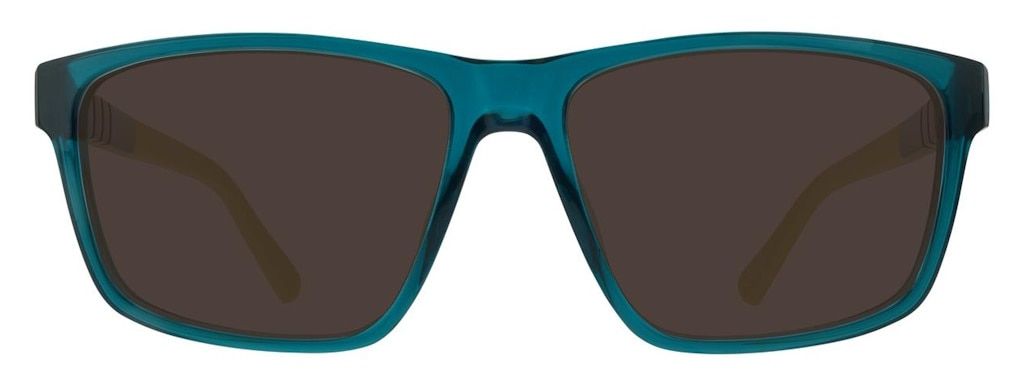 An angular pair of sunglasses with a frame in transparent turquoise