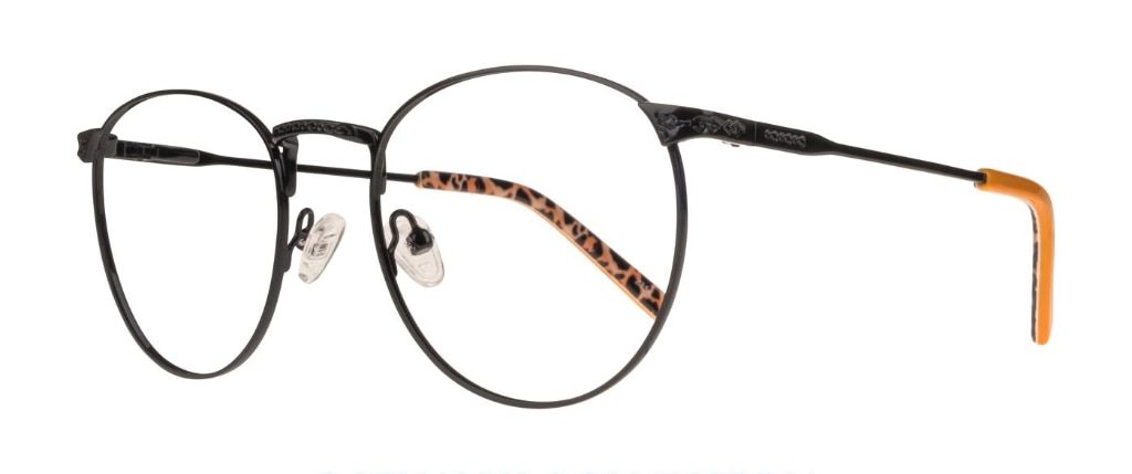 A round black metal frame with engraved detailing on the bridge and hinges and a bold leopard print on the inside of the temples.
