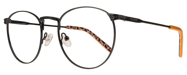 Side view of round black metal GD Collection frames