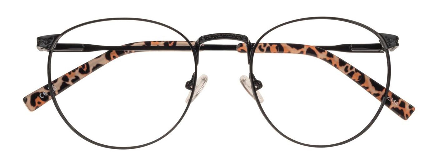 Round, grey metal GD Collection frame with leopard print on inside of arms