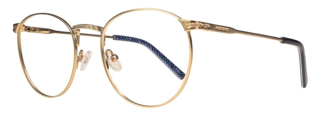 Round glasses made from golden metal, with filigree detailing on the arms and nose bridge