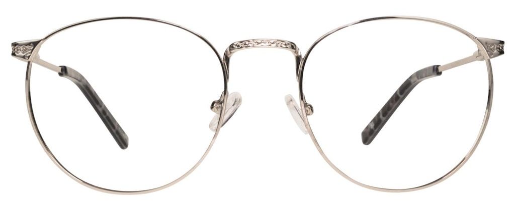 Round silver metal glasses frame with engraved details on the bridge and arms